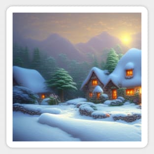 Magical Fantasy House with Lights in a Snowy Scene, Fantasy Cottagecore artwork Magnet